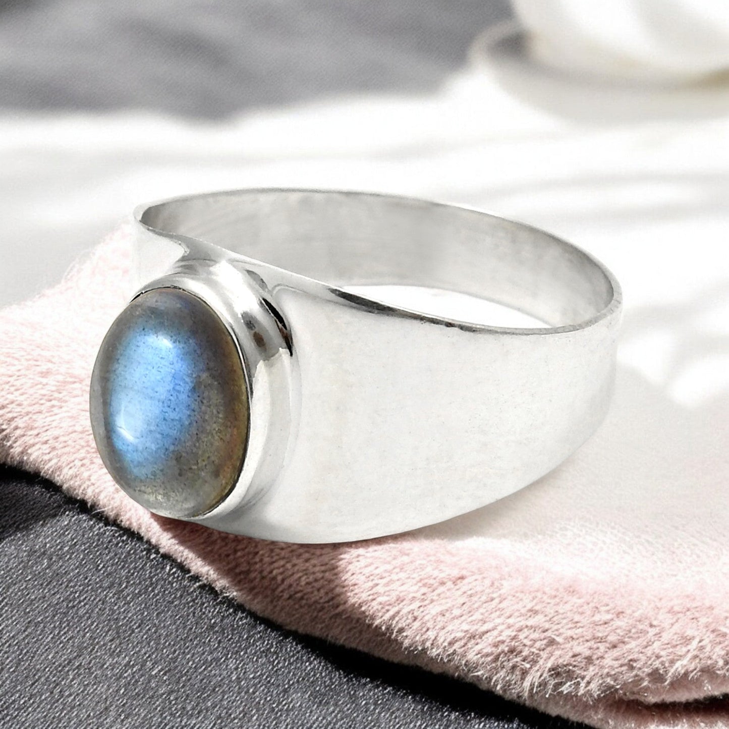Labradorite Stone 925 Silver Promise Statement Band Third Eye Chakra Bezel Ring