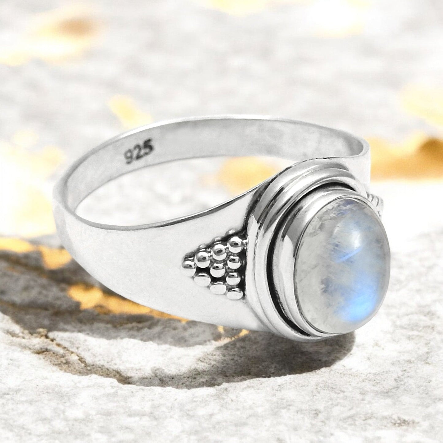 Oval Rainbow Moonstone Stone 925 Silver New Band Boho Crown Chakra Ring