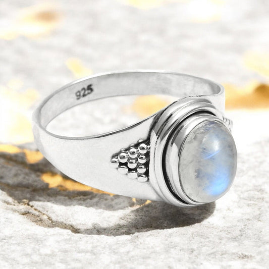 Oval Rainbow Moonstone Stone 925 Silver New Band Boho Crown Chakra Ring