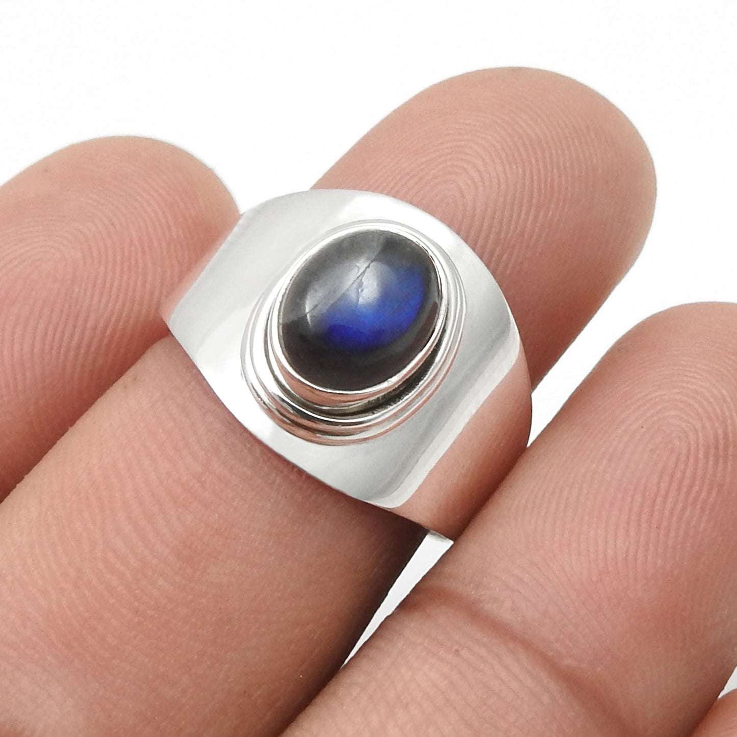 Throat Chakra 925 Sterling Silver Natural Labradorite Boho Band Ring