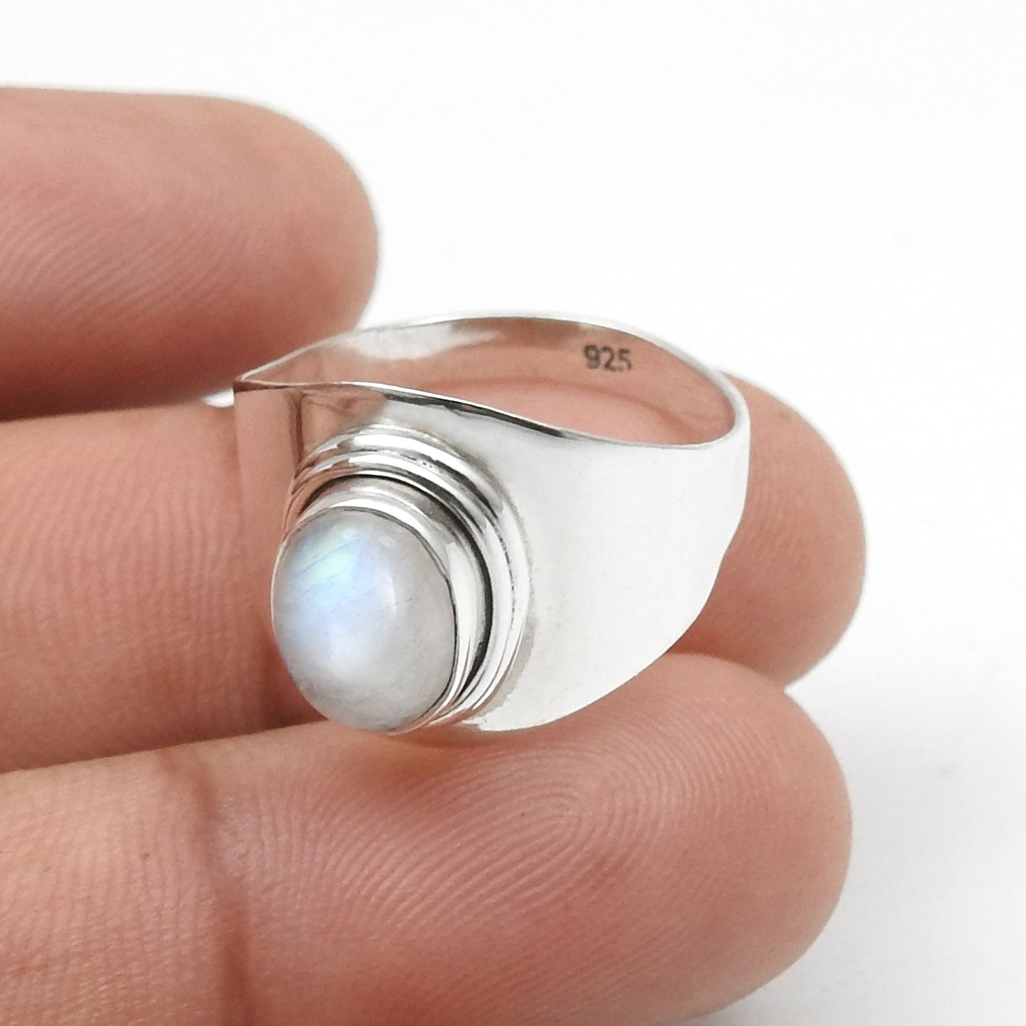 Solid 925 Sterling Silver Natural Rainbow Moonstone Band Ring
