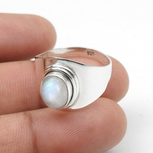 Solid 925 Sterling Silver Natural Rainbow Moonstone Band Ring