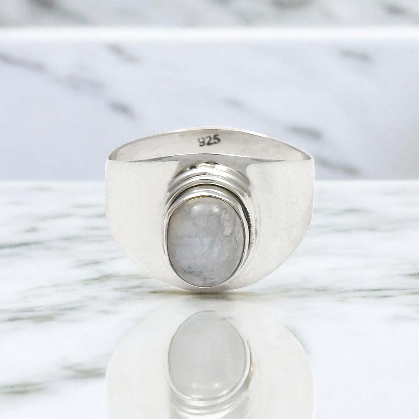 Solid 925 Sterling Silver Natural Rainbow Moonstone Band Ring