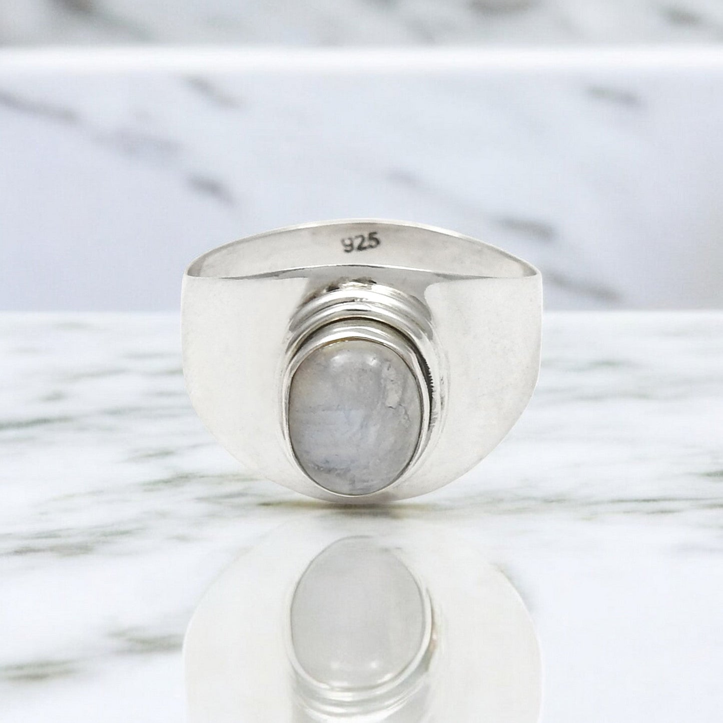 Solid 925 Sterling Silver Natural Rainbow Moonstone Band Ring