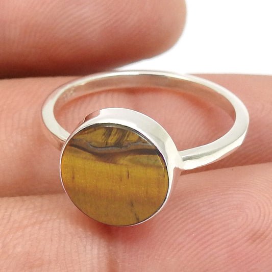 Sterling Silver Natural Tiger Eye Band Trendy Sacral Chakra Art Deco Ring