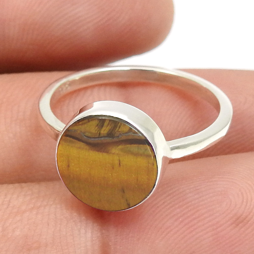 Sterling Silver Natural Tiger Eye Band Trendy Sacral Chakra Art Deco Ring