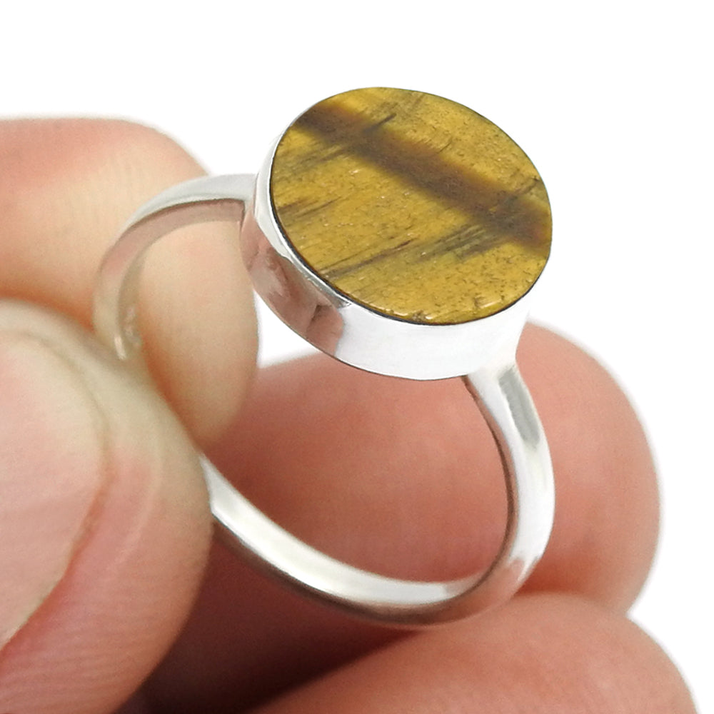 Sterling Silver Natural Tiger Eye Band Trendy Sacral Chakra Art Deco Ring