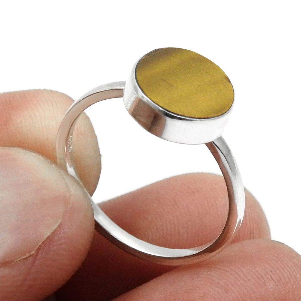 Sterling Silver Natural Tiger Eye Band Trendy Sacral Chakra Art Deco Ring