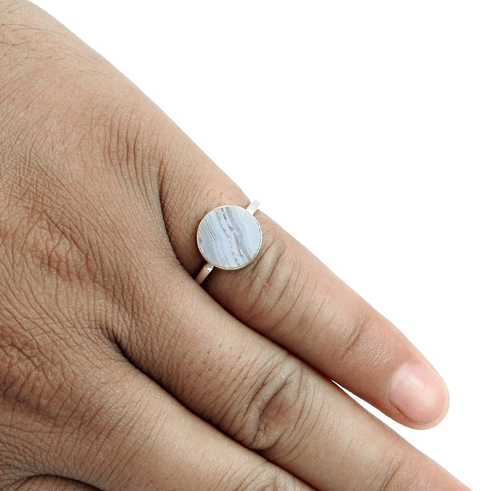 Round Natural Blue Lace Agate Sterling Silver Mother Unique Cocktail Ring