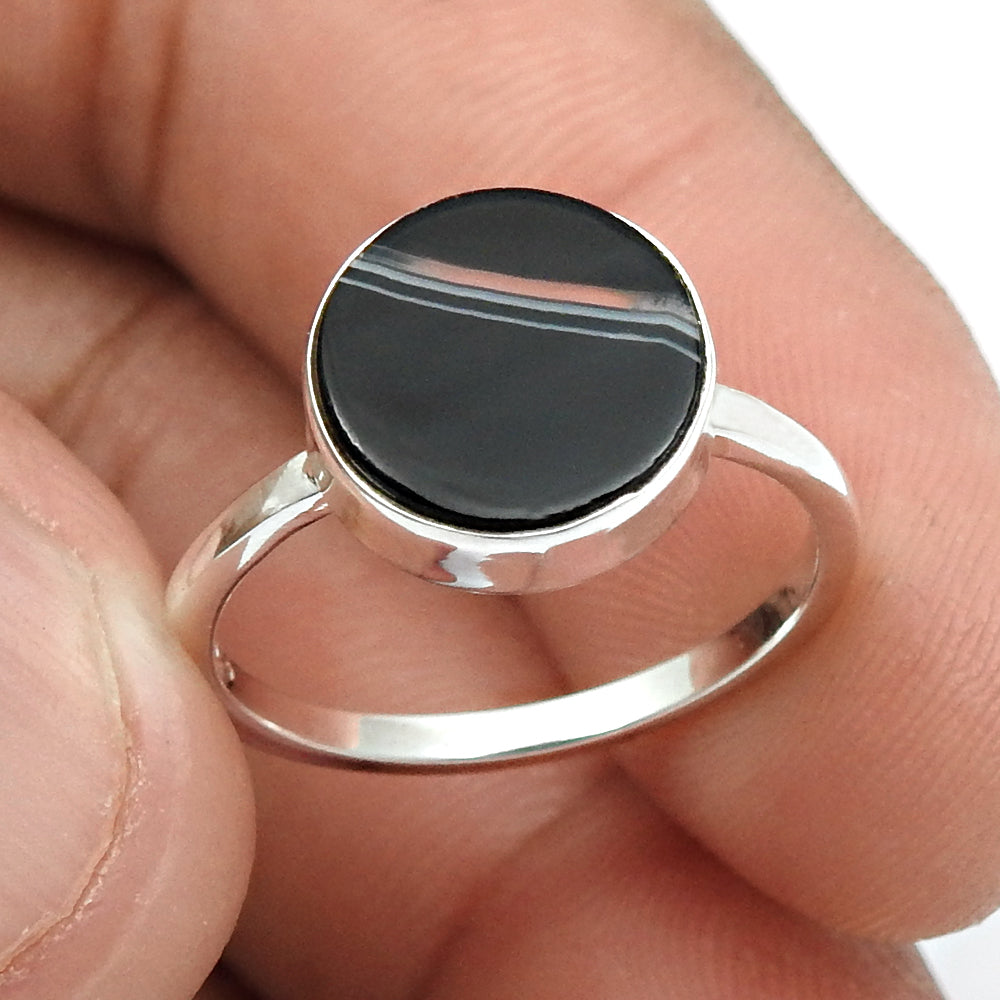 Sterling Silver Striped Onyx Gemstone Statement Bezel Birthday Wife Ring
