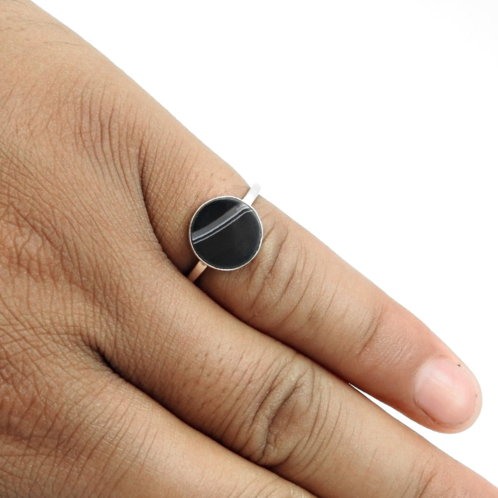 Sterling Silver Striped Onyx Gemstone Statement Bezel Birthday Wife Ring