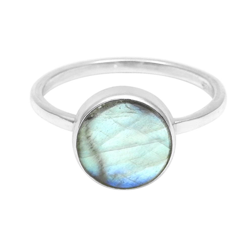 Round Natural Labradorite Sterling Silver Daughter Statement Bezel Ring