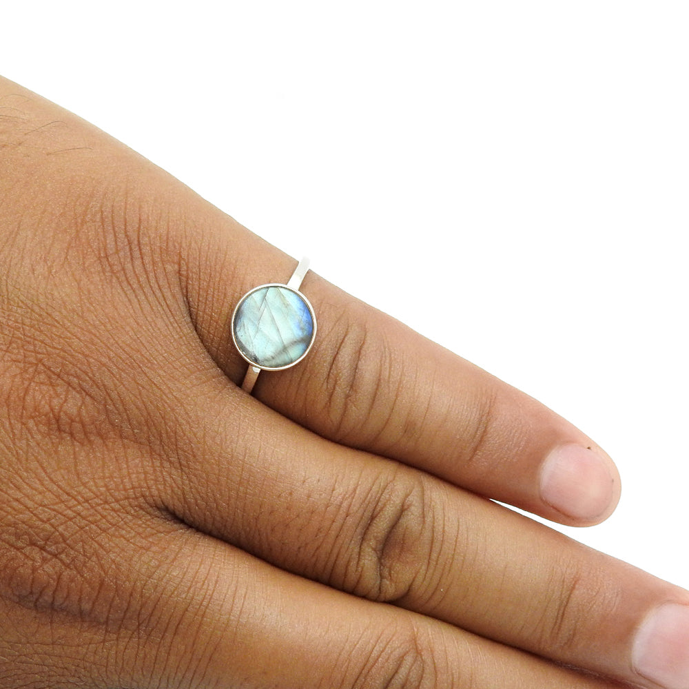 Round Natural Labradorite Sterling Silver Daughter Statement Bezel Ring