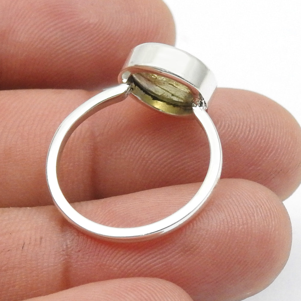 Round Natural Labradorite Sterling Silver Daughter Statement Bezel Ring