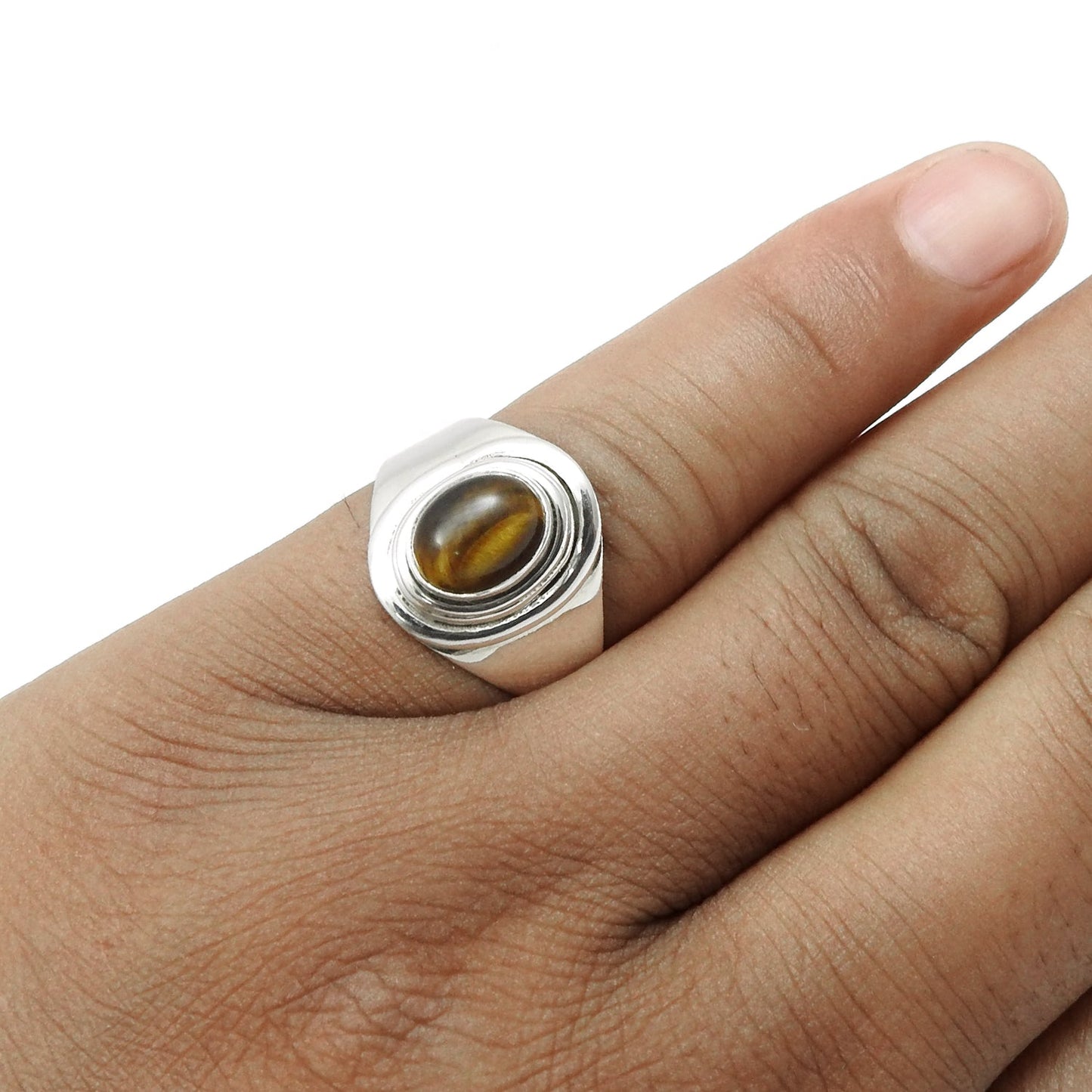 Tiger's Eye Gemstone Cocktail Mother Ring Jewelry Solid Sterling Silver