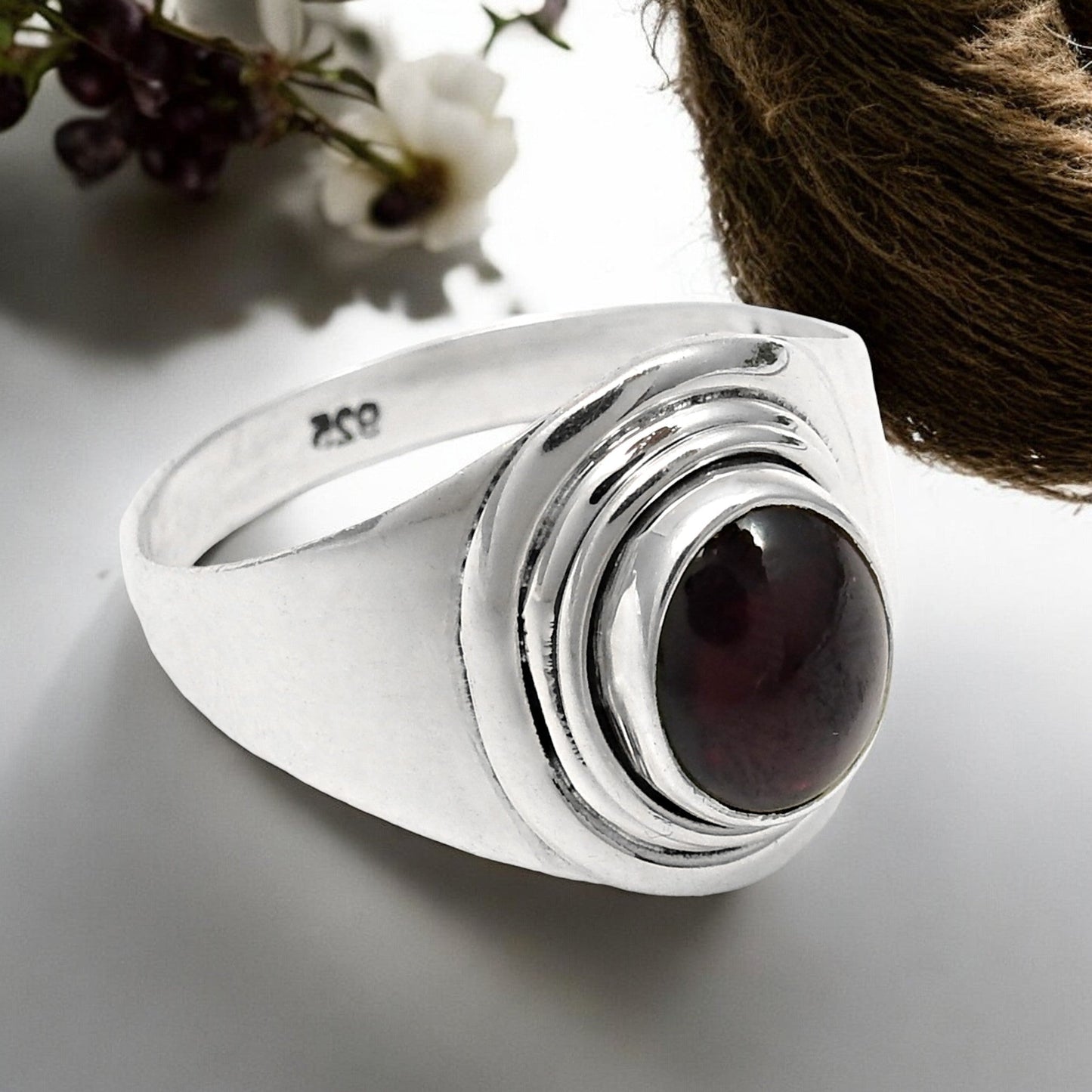 Oval Garnet Gemstone Art Deco Band Daughter Gift Ring Solid Sterling Silver