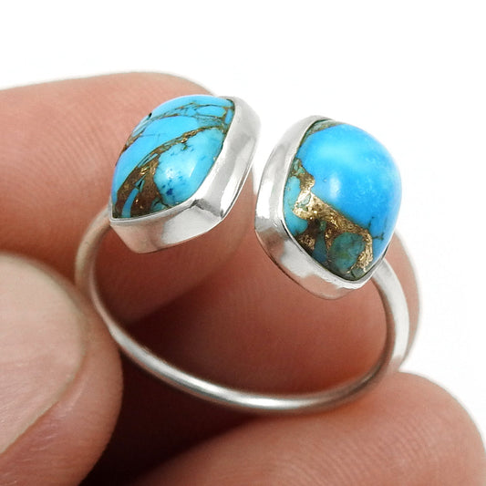 Blue Copper Turquoise Gemstone 925 Solid Silver Bezel Band Boho Ring
