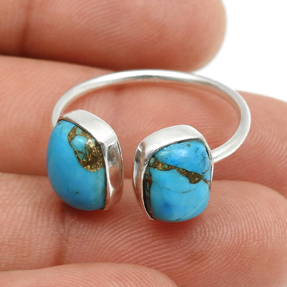 Blue Copper Turquoise Gemstone 925 Solid Silver Bezel Band Boho Ring