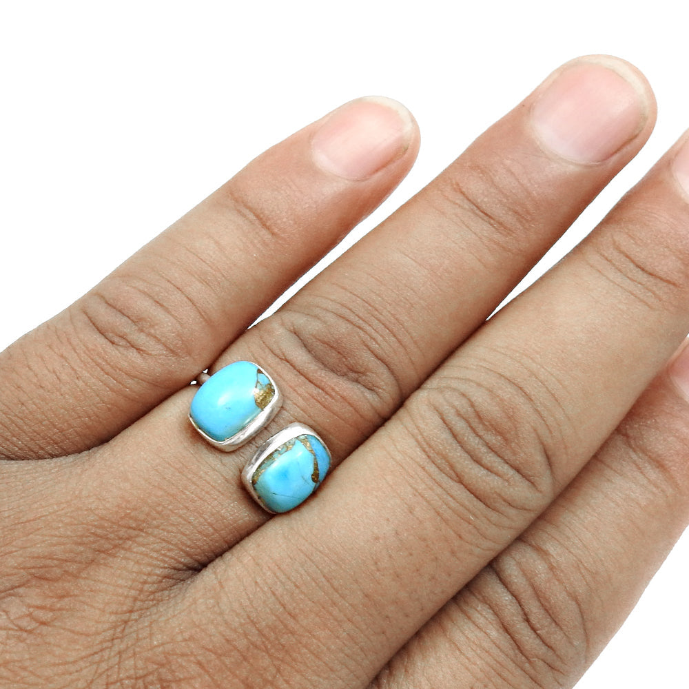 Blue Copper Turquoise Gemstone 925 Solid Silver Bezel Band Boho Ring