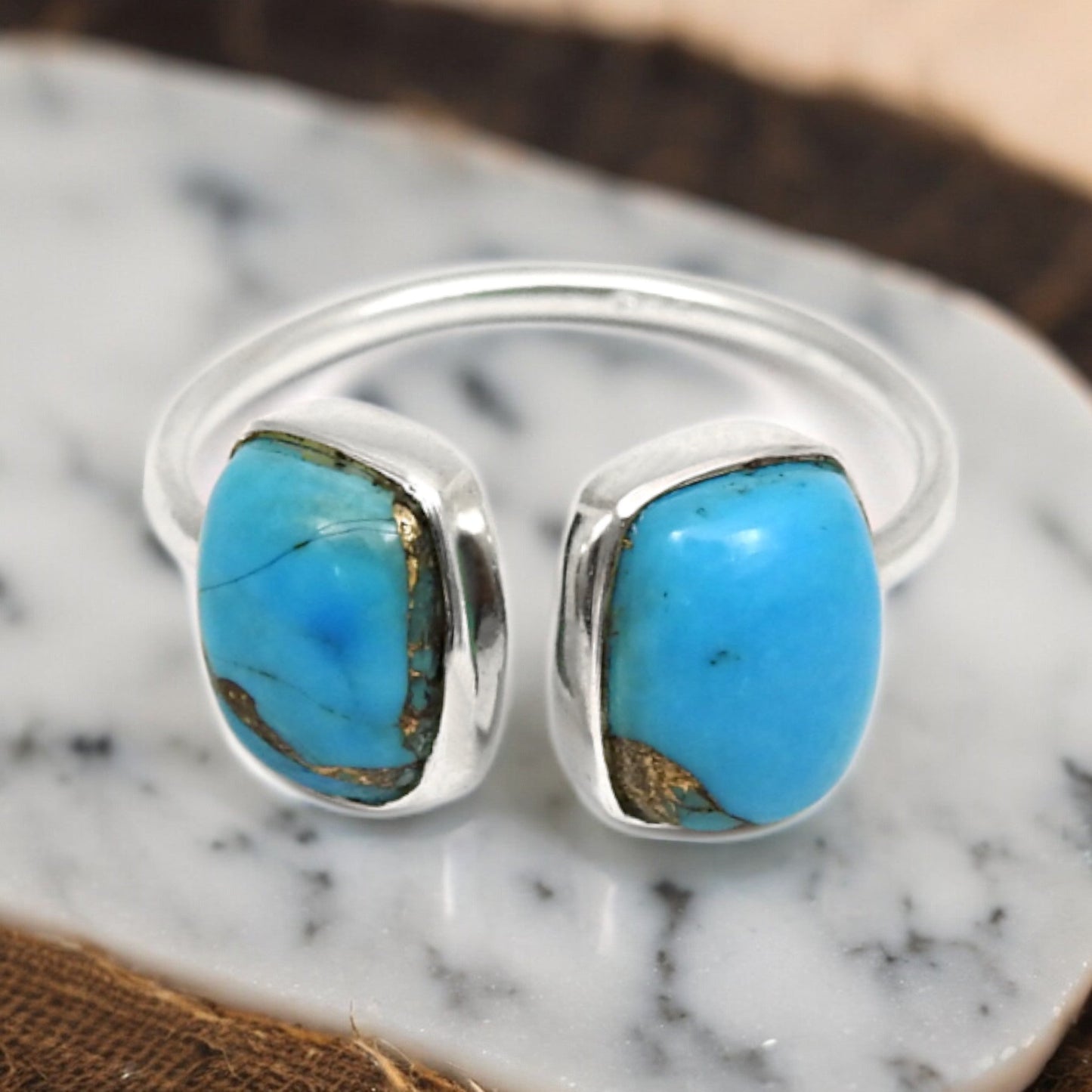 Blue Copper Turquoise Gemstone 925 Solid Silver Bezel Band Boho Ring