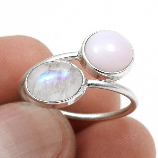 Rainbow Moonstone Pink Opal 925 Sterling Silver Cocktail Statement Ring Jewelry
