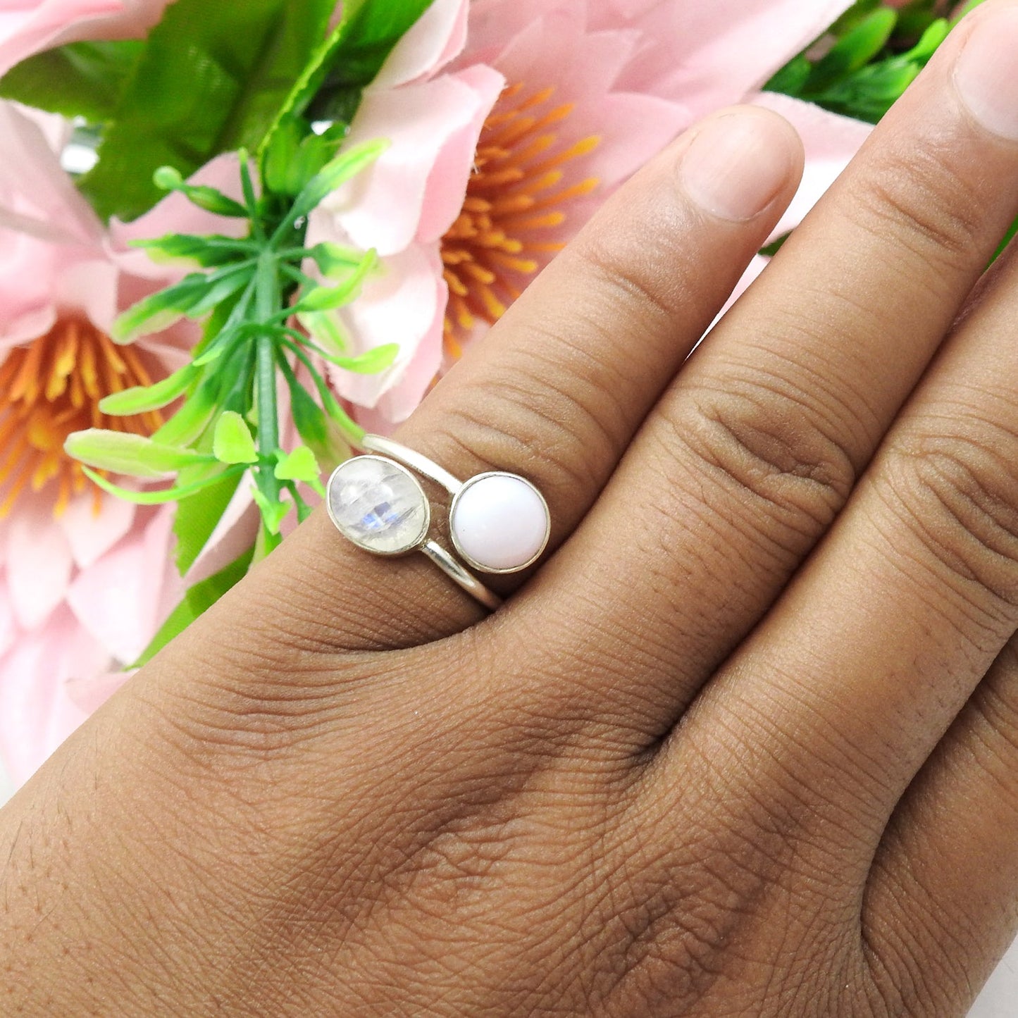 Rainbow Moonstone Pink Opal 925 Sterling Silver Cocktail Statement Ring Jewelry