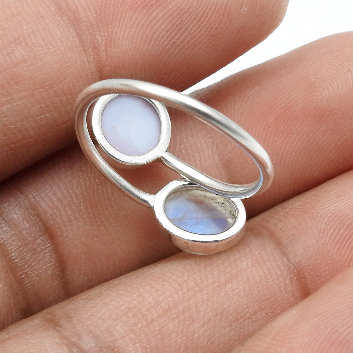 Rainbow Moonstone Pink Opal 925 Sterling Silver Cocktail Statement Ring Jewelry