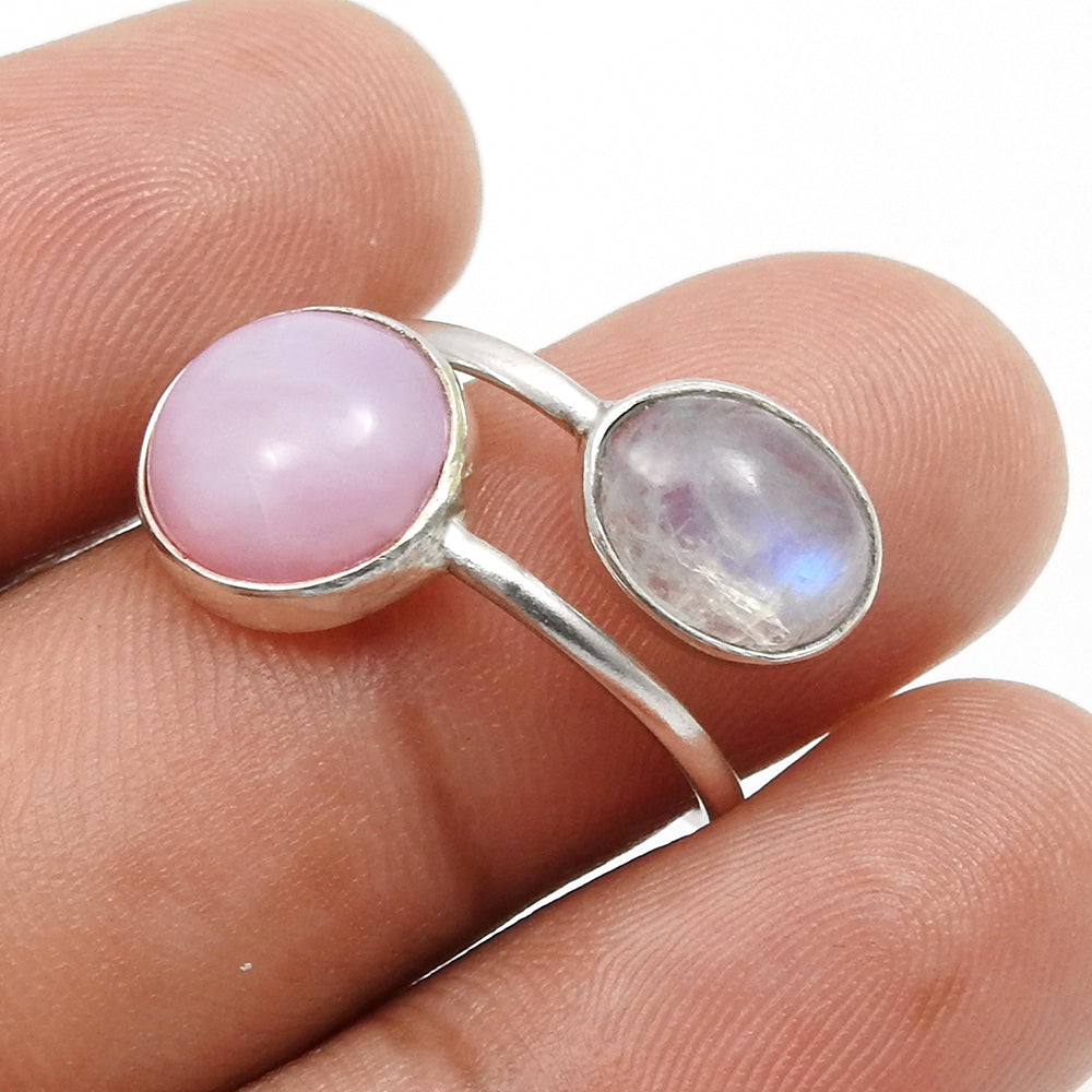 Rainbow Moonstone Pink Opal 925 Sterling Silver Cocktail Statement Ring Jewelry