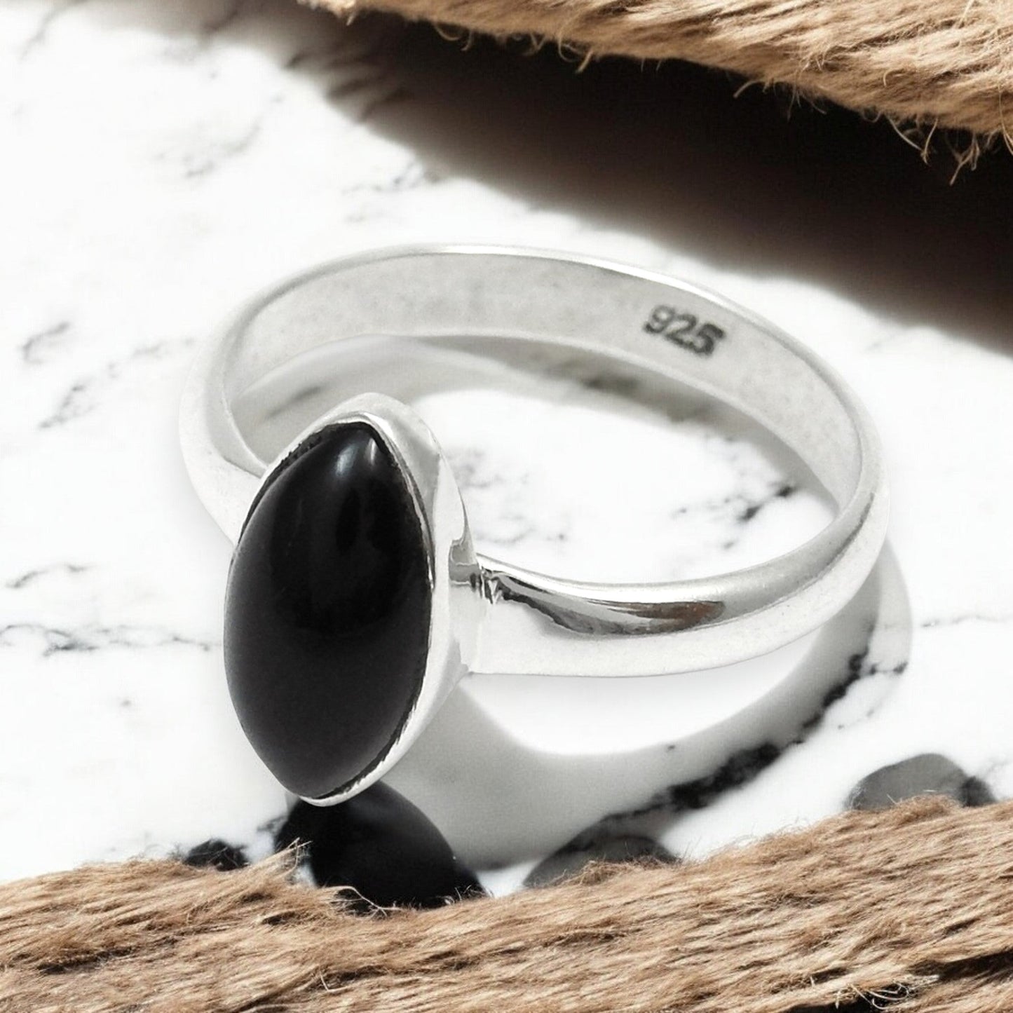 Marquise Black Onyx Stone 925 Sterling Silver Band Wedding Ring Jewelry