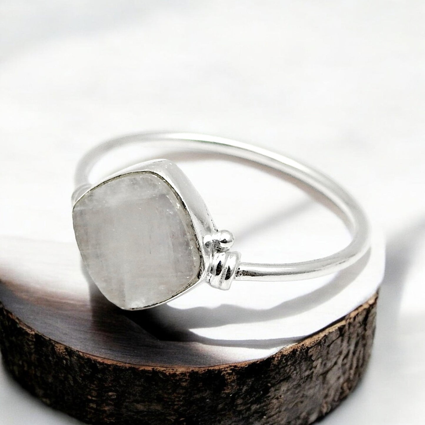 Natural Rainbow Moonstone Anniversary Band Promise Boho Ring 925 Sterling Silver