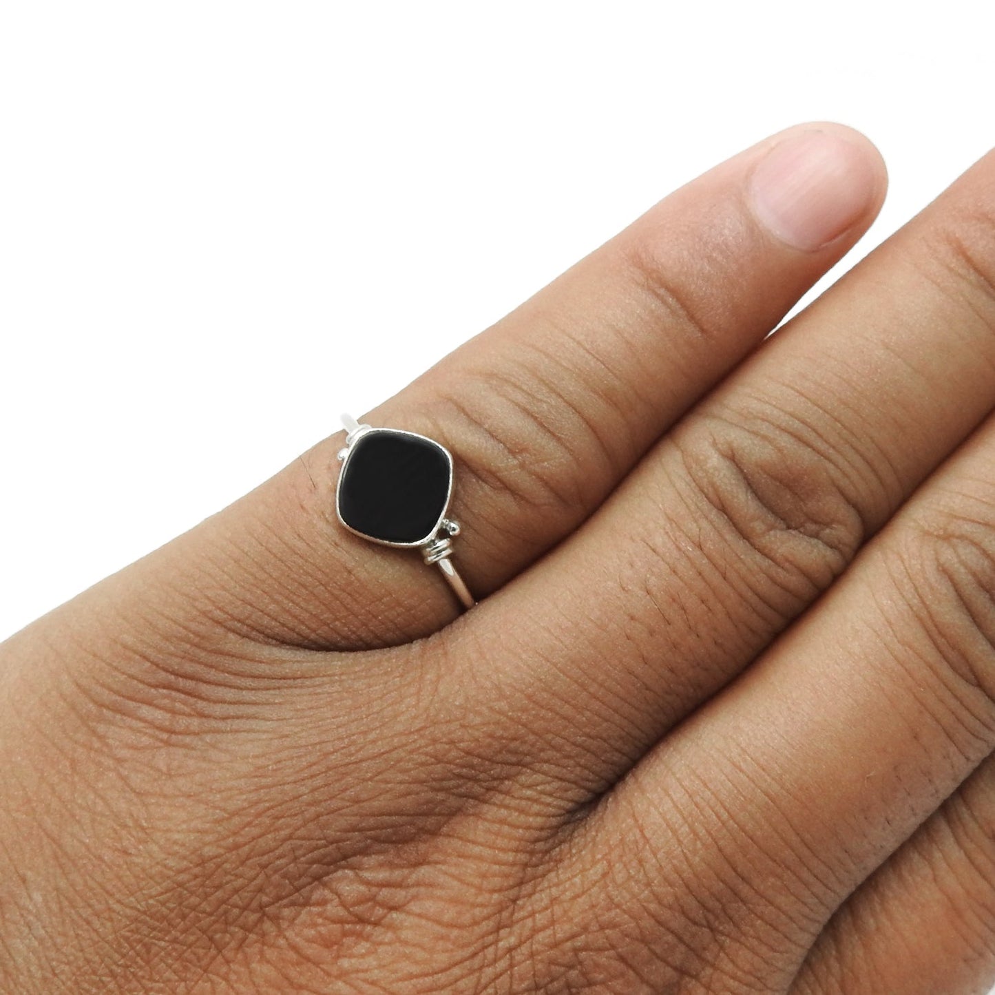 Square Black Onyx Stone Solid Sterling Silver Mother Band Promise Ring