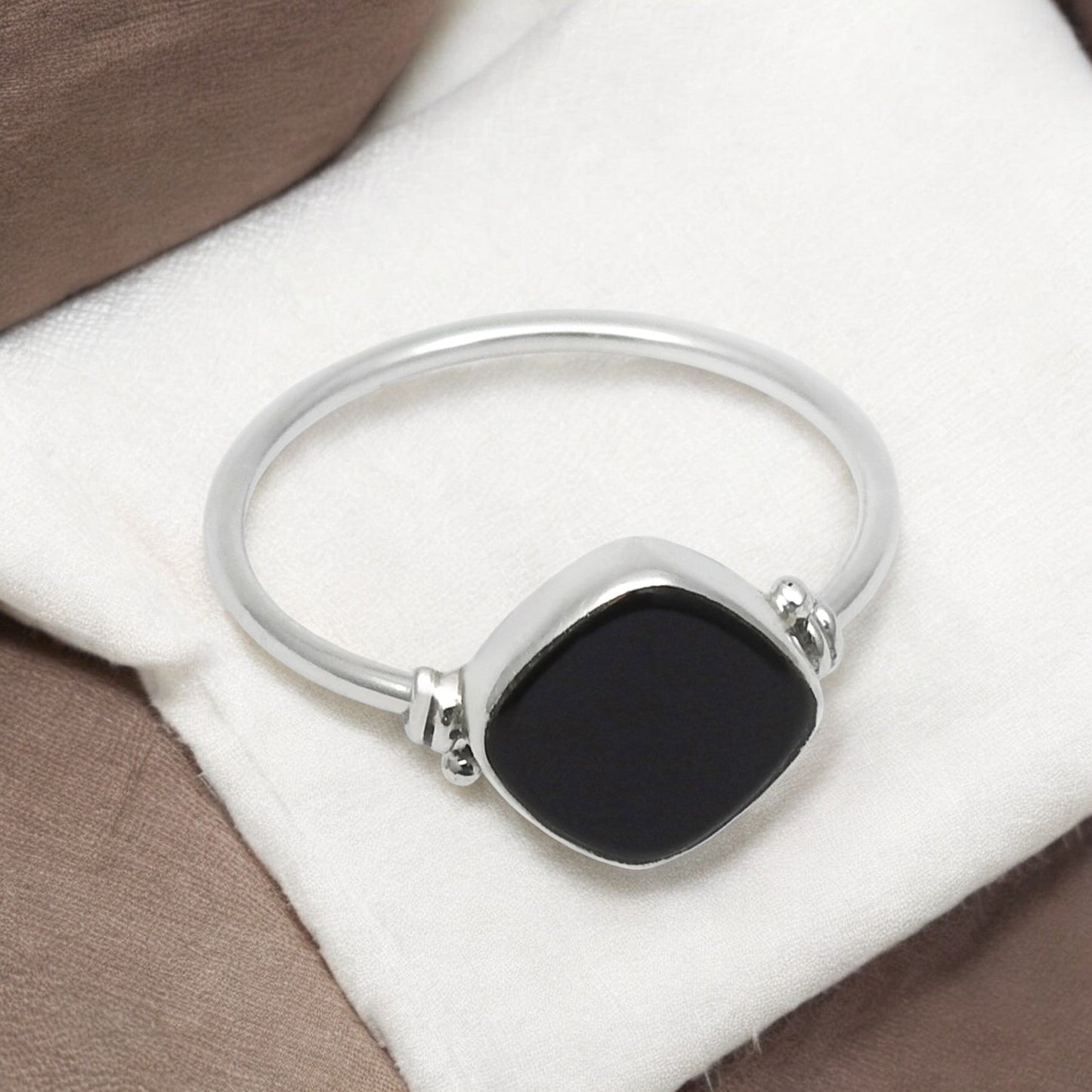 Square Black Onyx Stone Solid Sterling Silver Mother Band Promise Ring