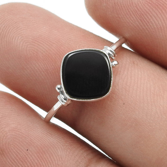 Square Black Onyx Stone Solid Sterling Silver Mother Band Promise Ring