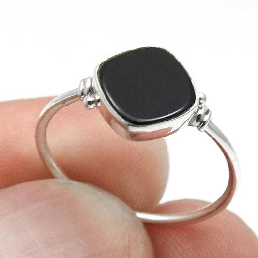 Square Black Onyx Stone Solid Sterling Silver Mother Band Promise Ring