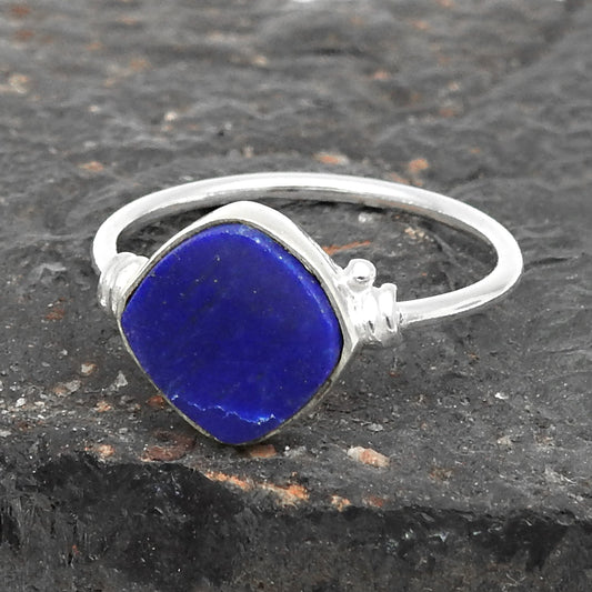Square Natural Lapis Lazuli Boho Band Bezel Birthday Ring Solid Silver