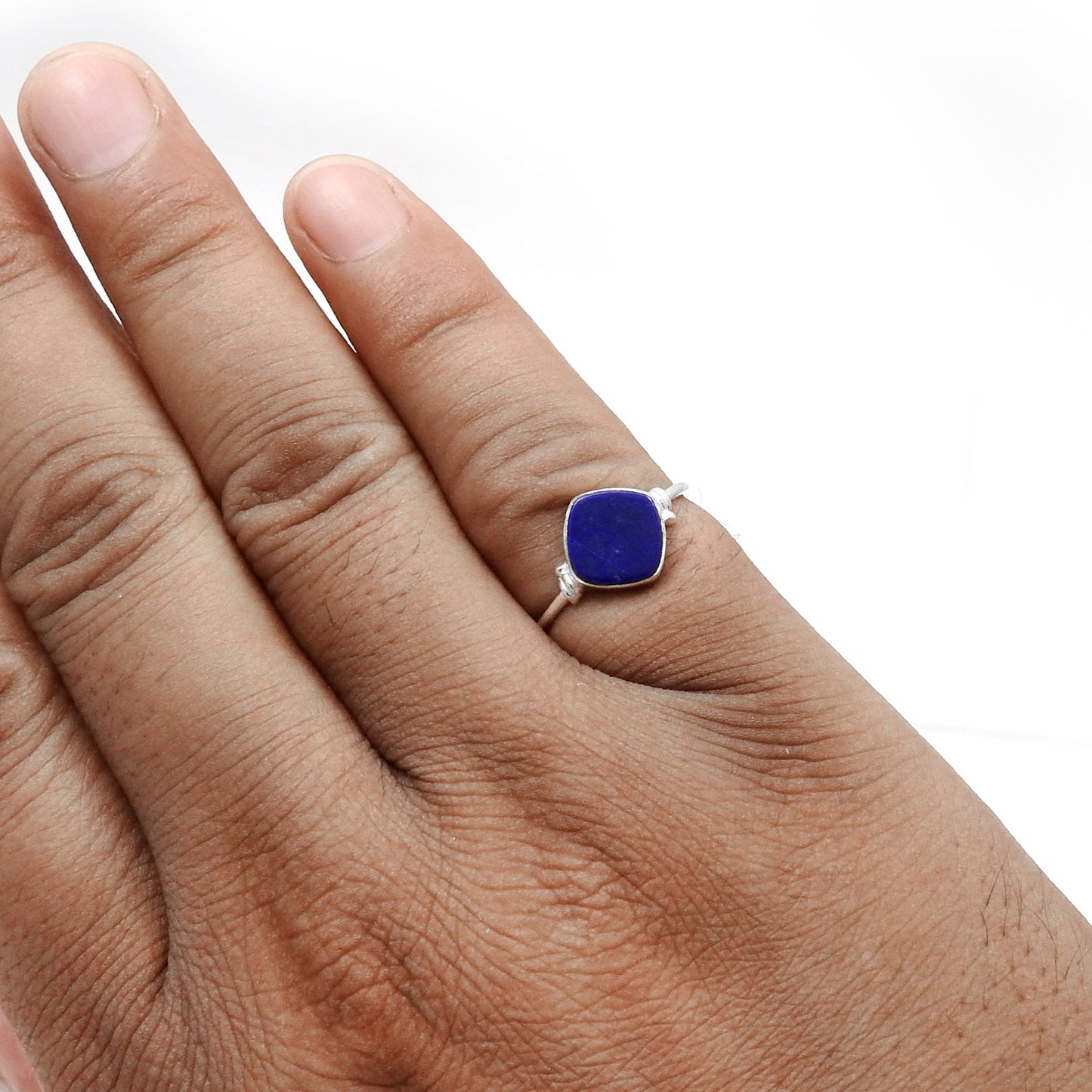 Square Natural Lapis Lazuli Boho Band Bezel Birthday Ring Solid Silver