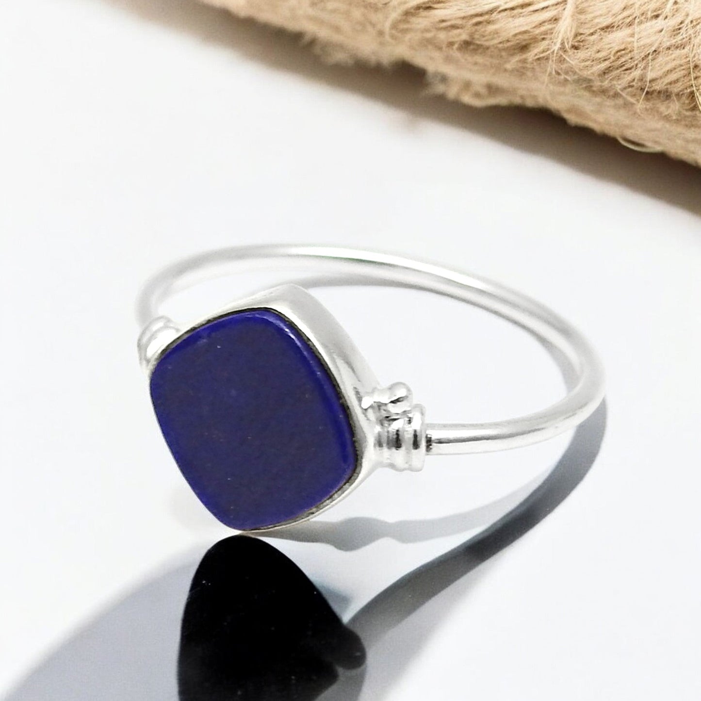Square Natural Lapis Lazuli Boho Band Bezel Birthday Ring Solid Silver