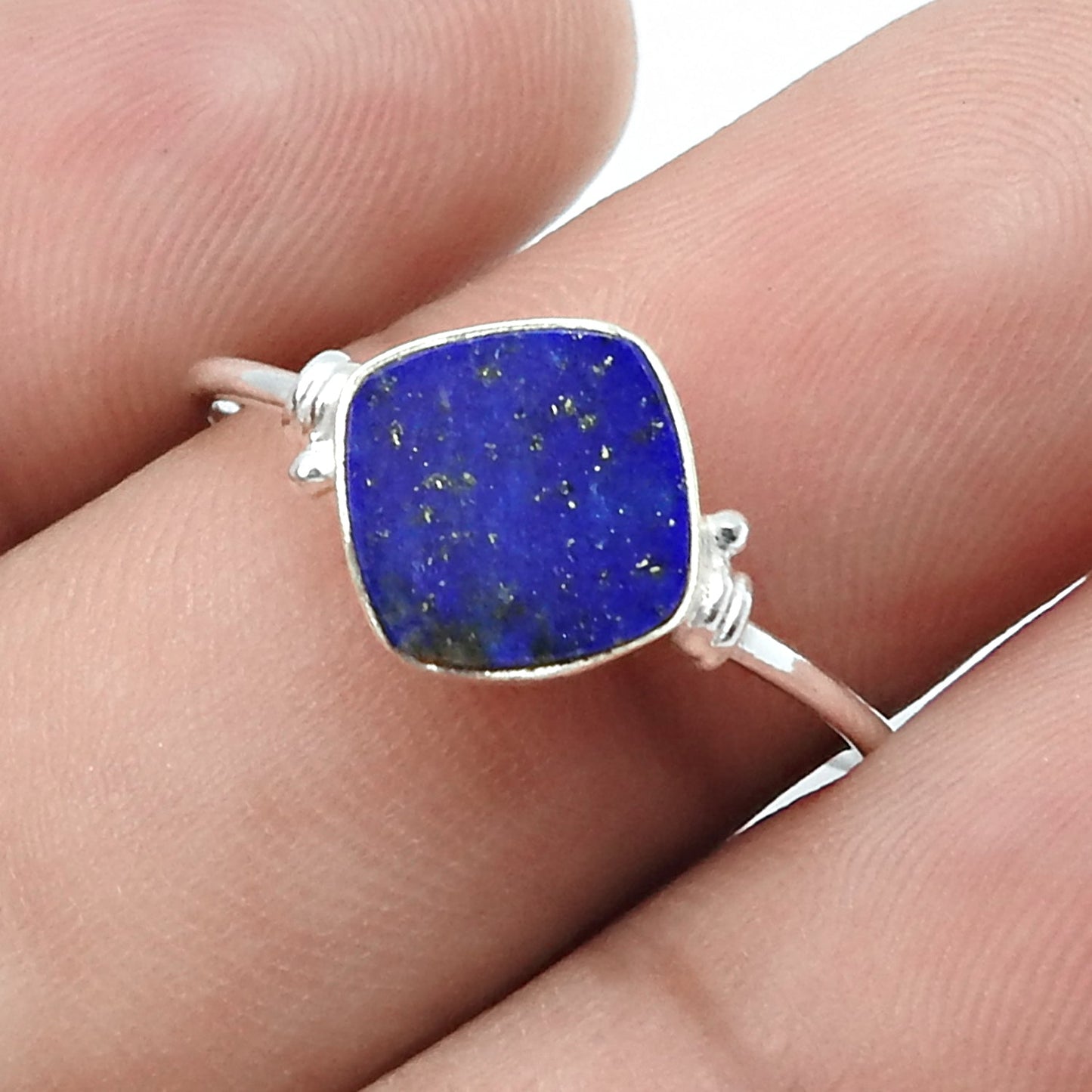 Square Natural Lapis Lazuli Boho Band Bezel Birthday Ring Solid Silver