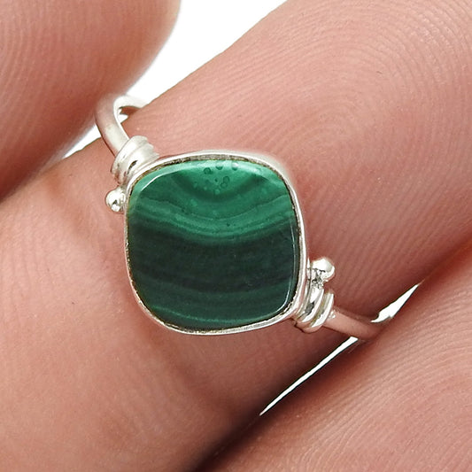 Natural Malachite Statement Band Bezel Promise Ring Solid Sterling Silver