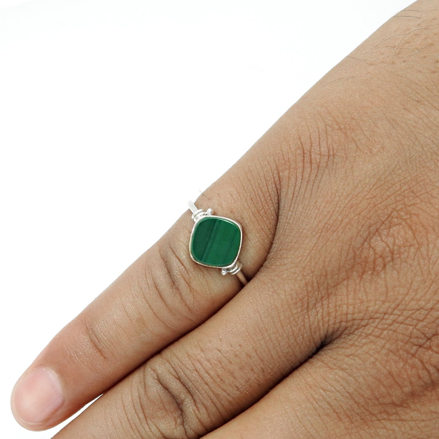 Natural Malachite Statement Band Bezel Promise Ring Solid Sterling Silver