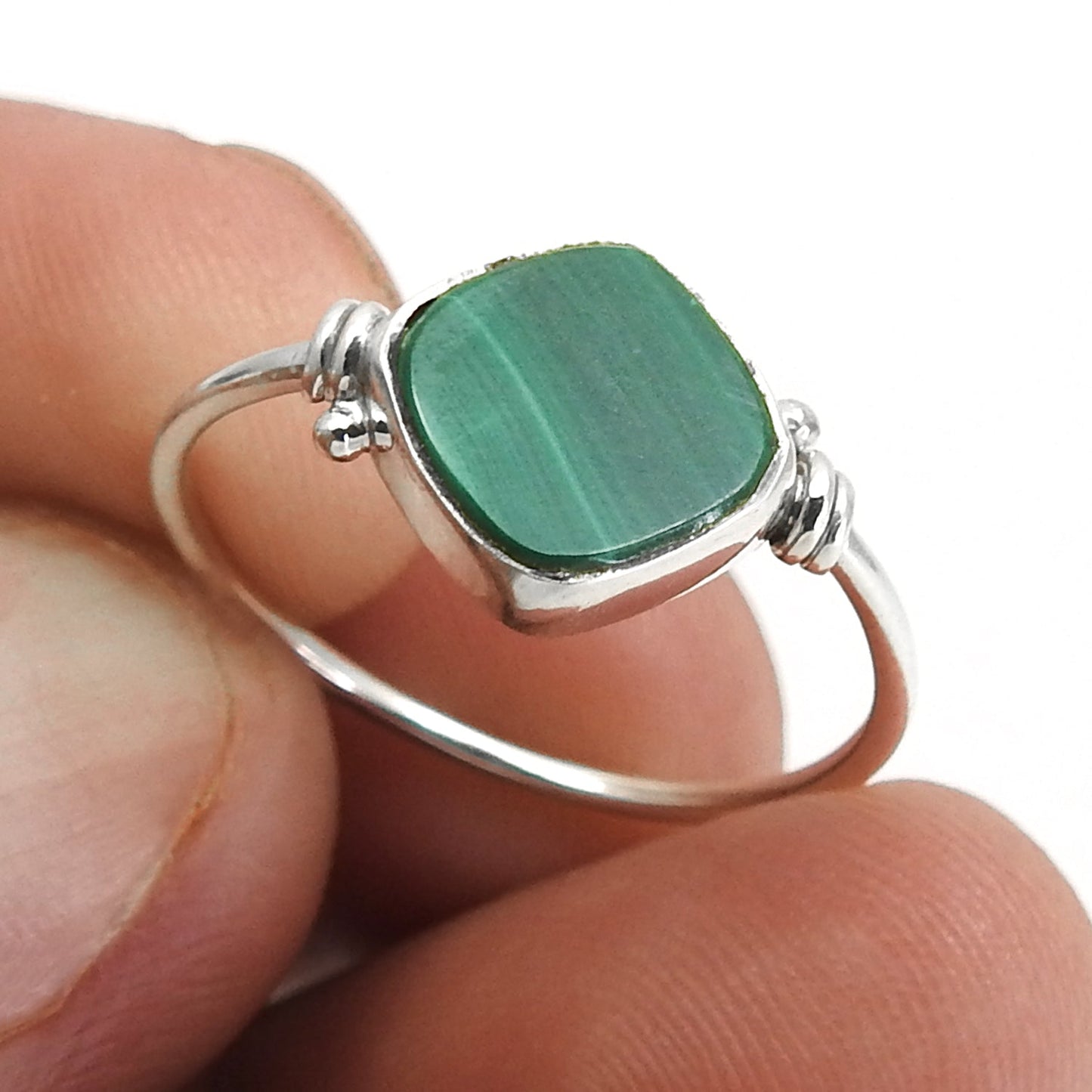 Natural Malachite Statement Band Bezel Promise Ring Solid Sterling Silver