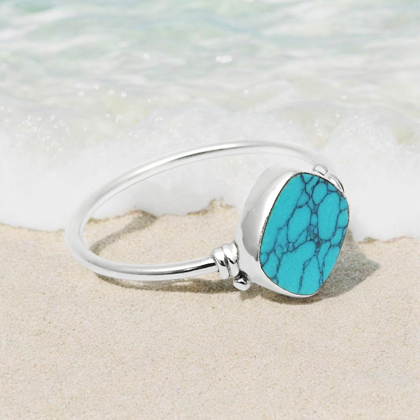 Natural Turquoise Statement Birthday Art Deco Band Ring Solid Silver