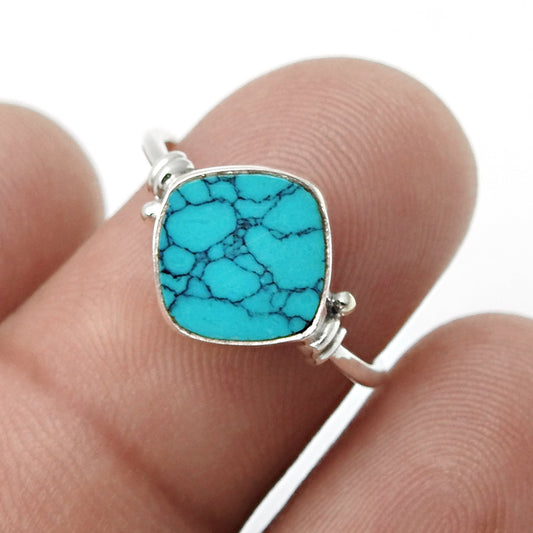 Natural Turquoise Statement Birthday Art Deco Band Ring Solid Silver