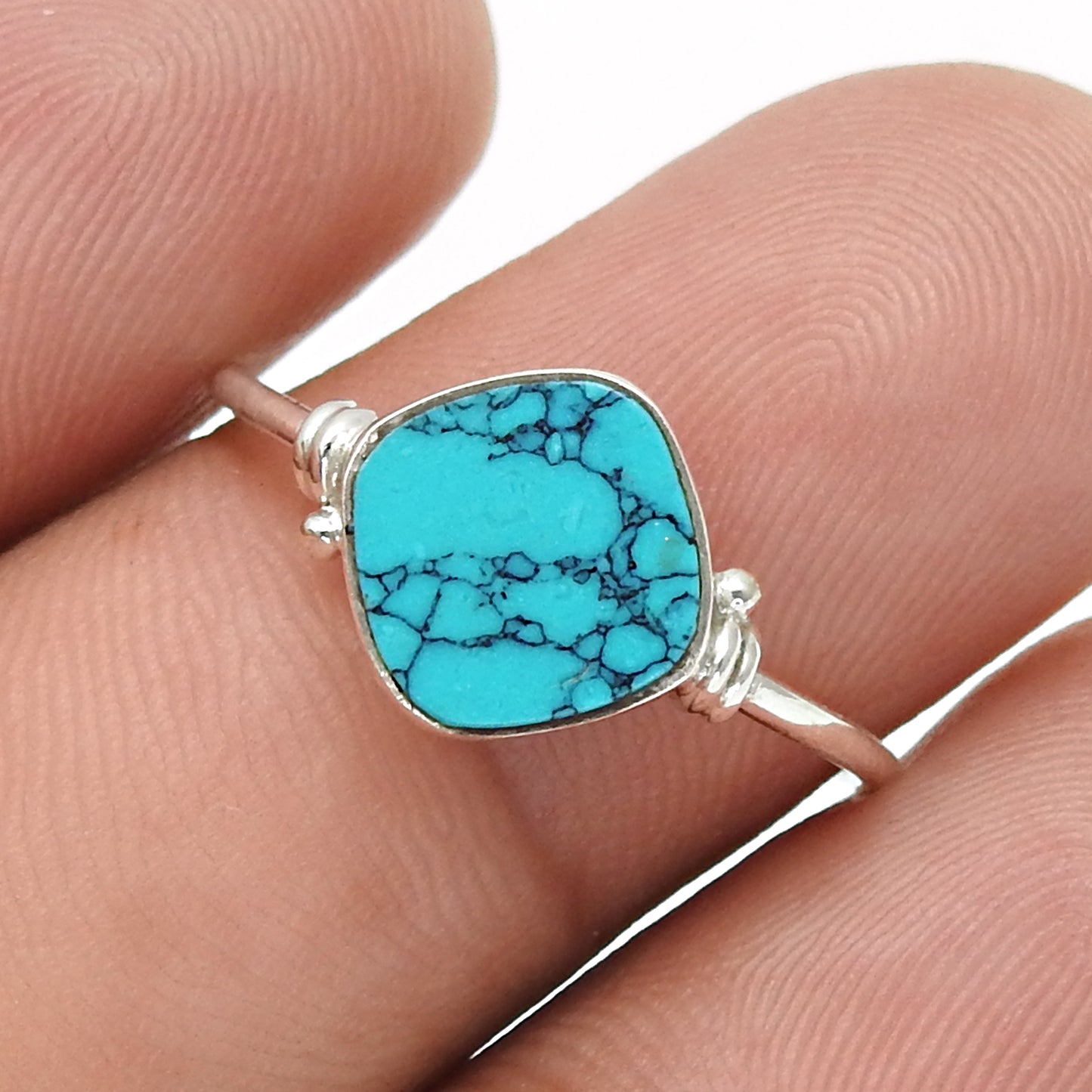 Natural Turquoise Statement Birthday Art Deco Band Ring Solid Silver