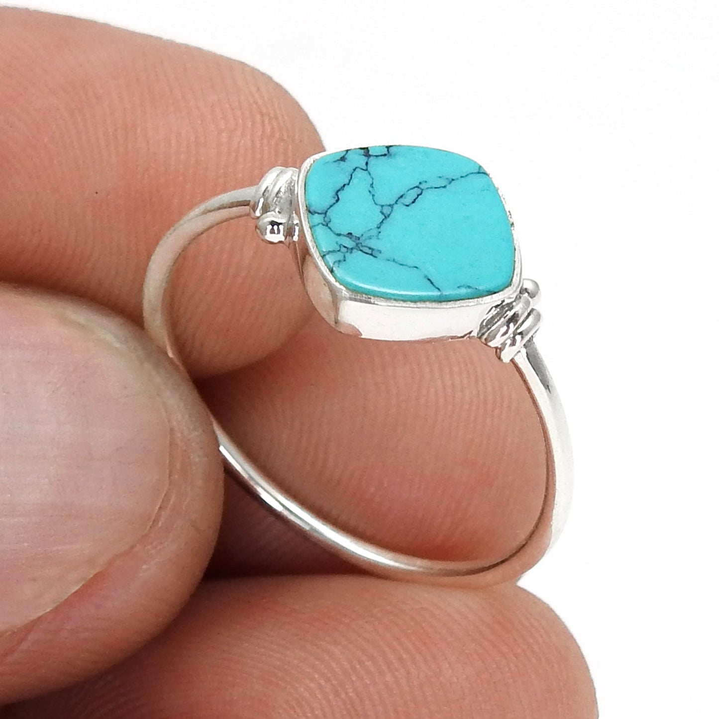 Natural Turquoise Statement Birthday Art Deco Band Ring Solid Silver