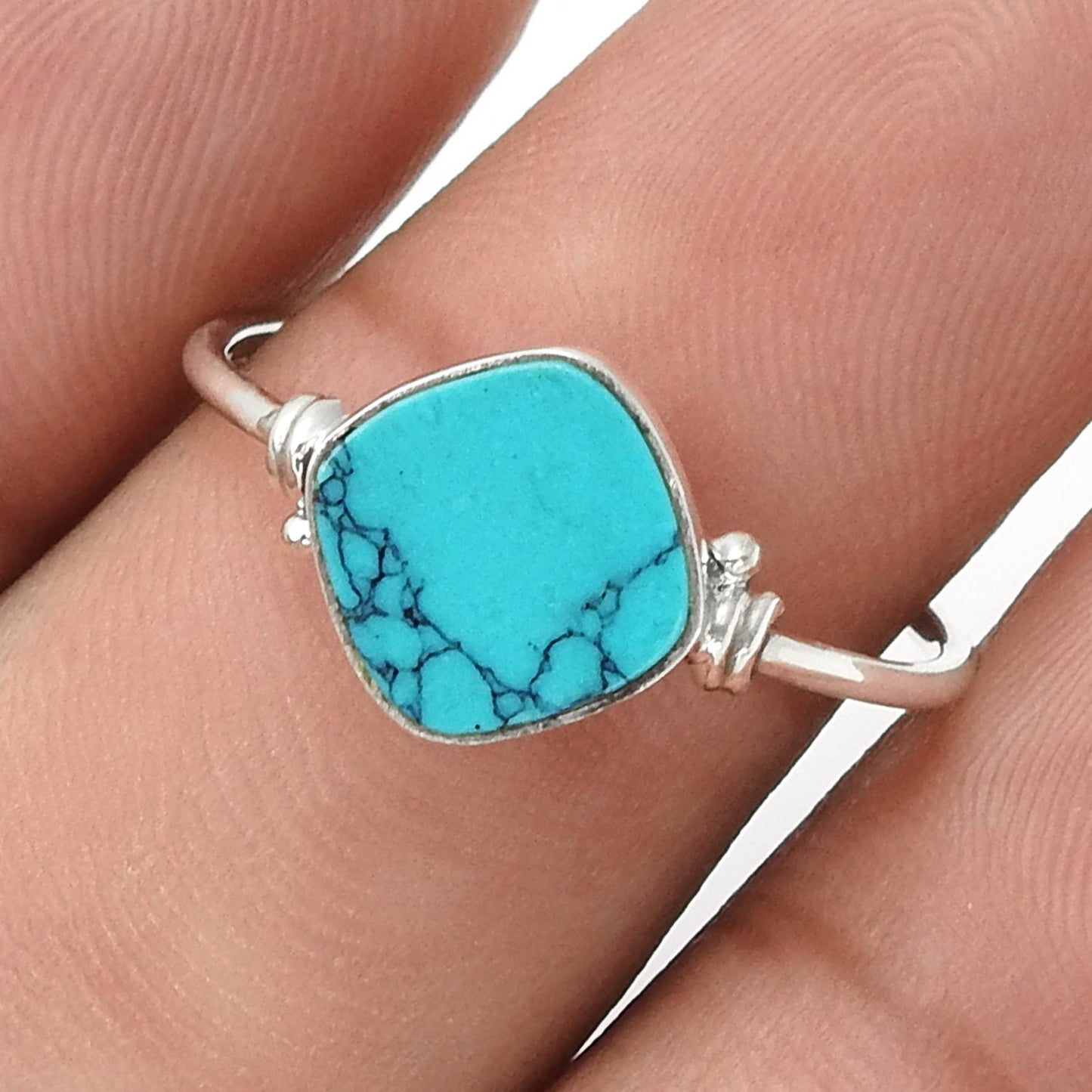 Natural Turquoise Statement Birthday Art Deco Band Ring Solid Silver