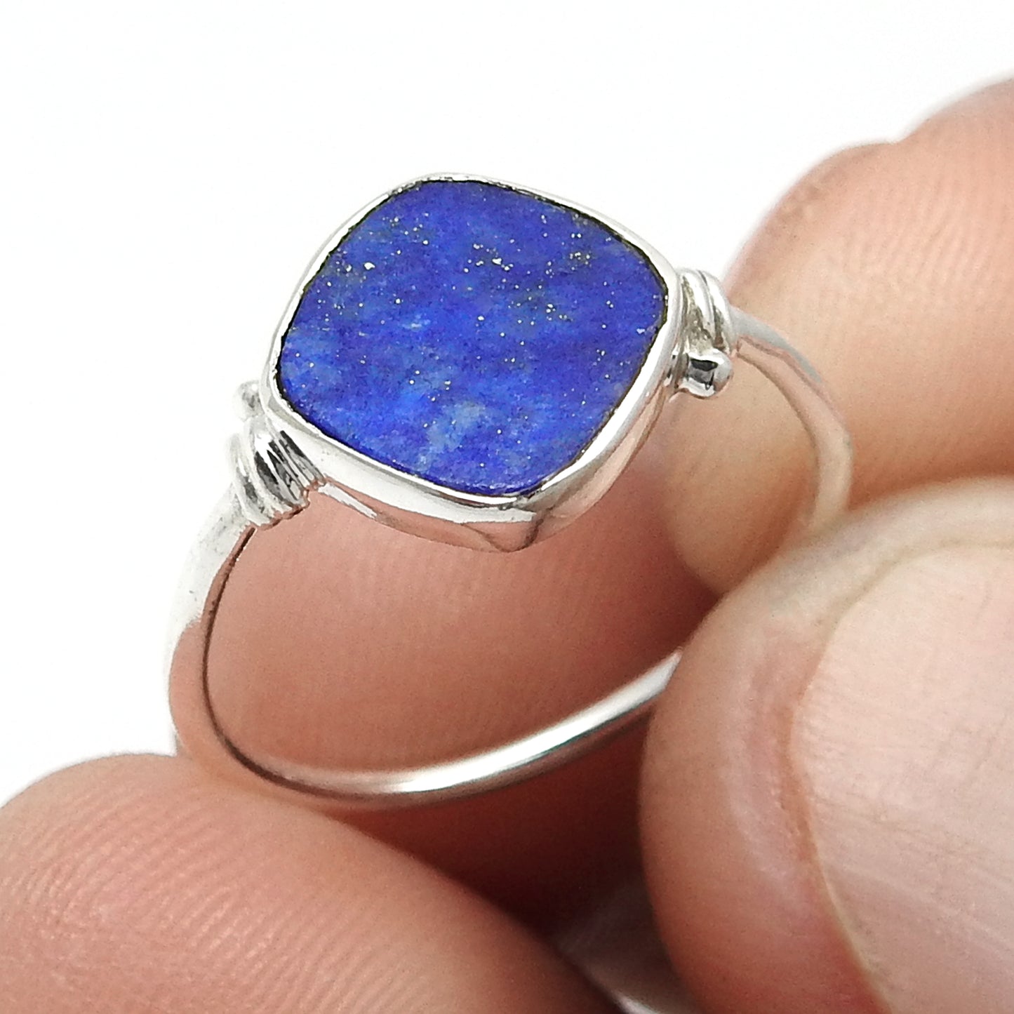 Square Natural Lapis Lazuli Boho Band Bezel Birthday Ring Solid Silver