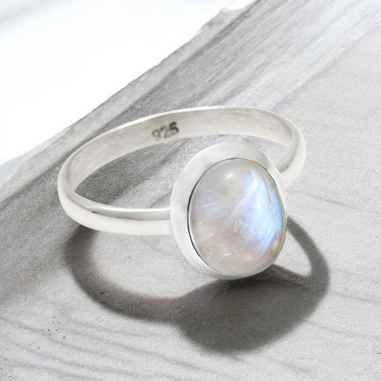 Natural Rainbow Moonstone Wedding Band Ring 925 Sterling Silver