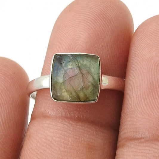 Square Labradorite Gemstone 925 Sterling Silver Band Ring Jewelry
