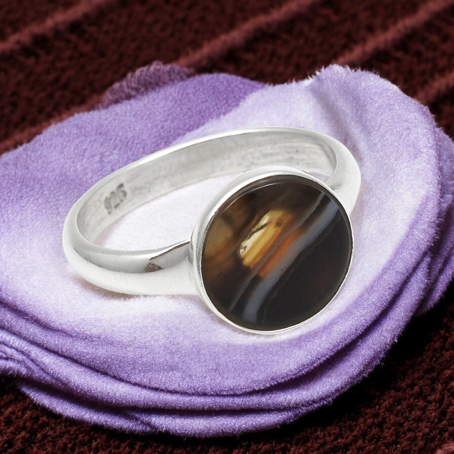 925 Sterling Silver Striped Onyx Gemstone Band Ring